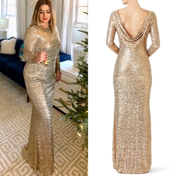 BADGLEY MISCHKA Gold Sequin Long Sleeve Boat Neck Cowl Back Stretch Maxi Gown 8 - Picture 4 of 11